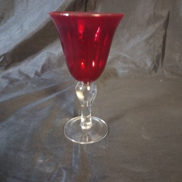 Unmarked Dining Ruby Red Hand Blown Wine Or Water Goblet Bubble